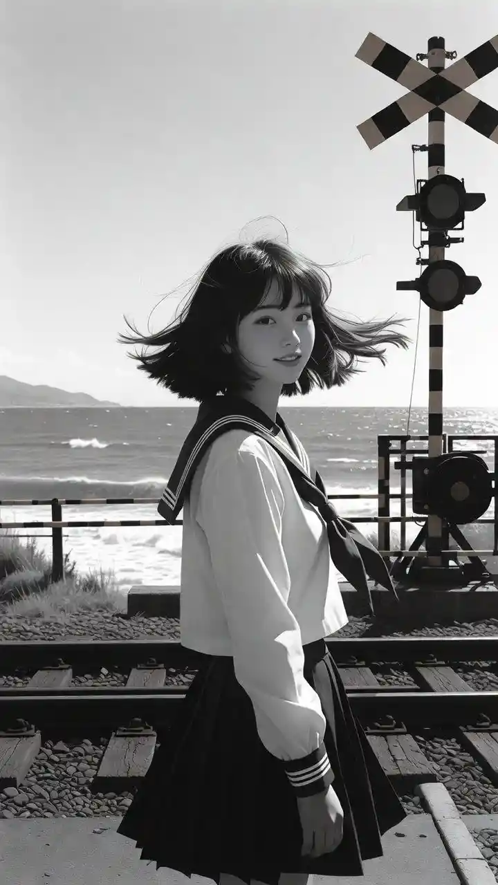 Japanese school girl at seaside railway crossing in wind