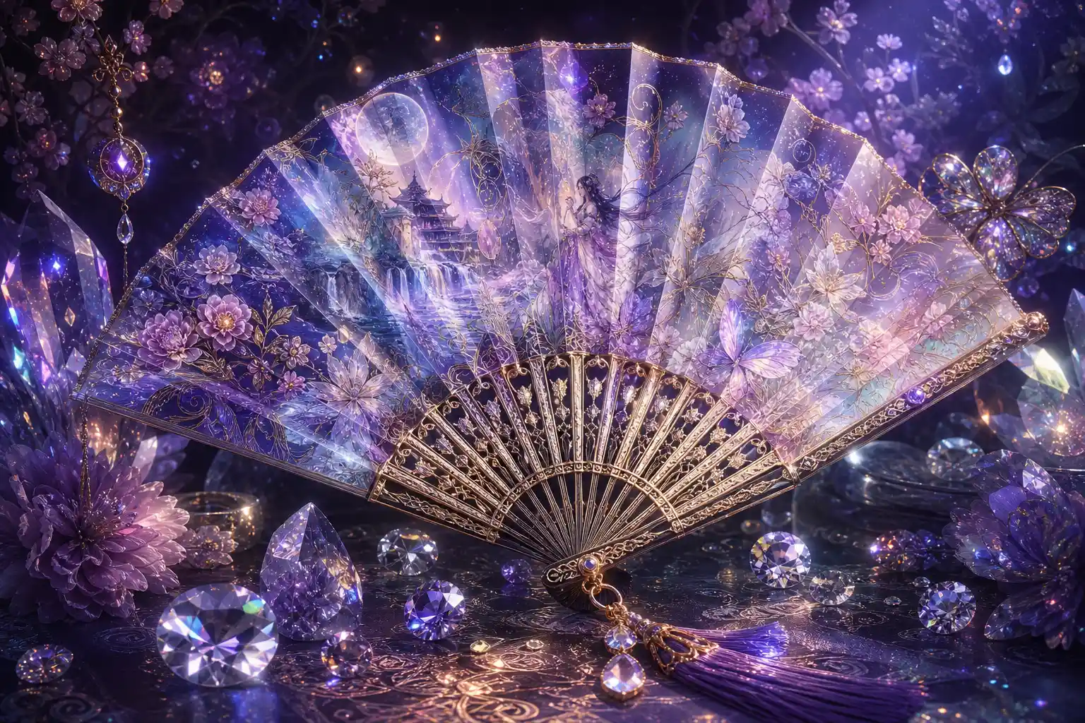 Fantasy hand fan with glowing floral patterns and crystals