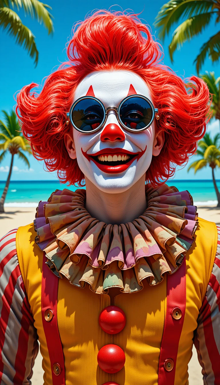 Colorful clown portrait on a sunny tropical beach