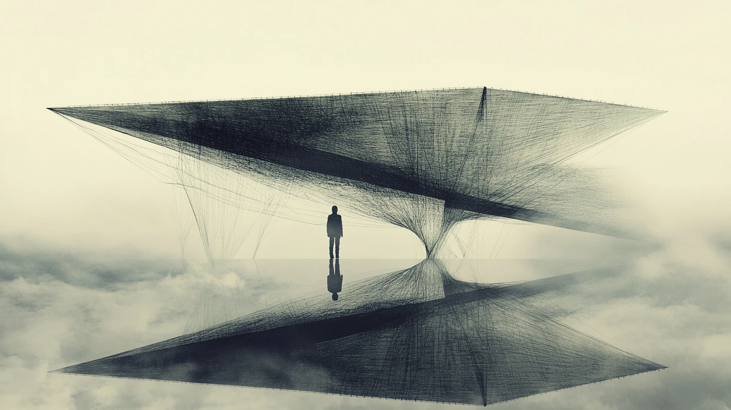 Surreal floating canopy split in two with intact reflection
