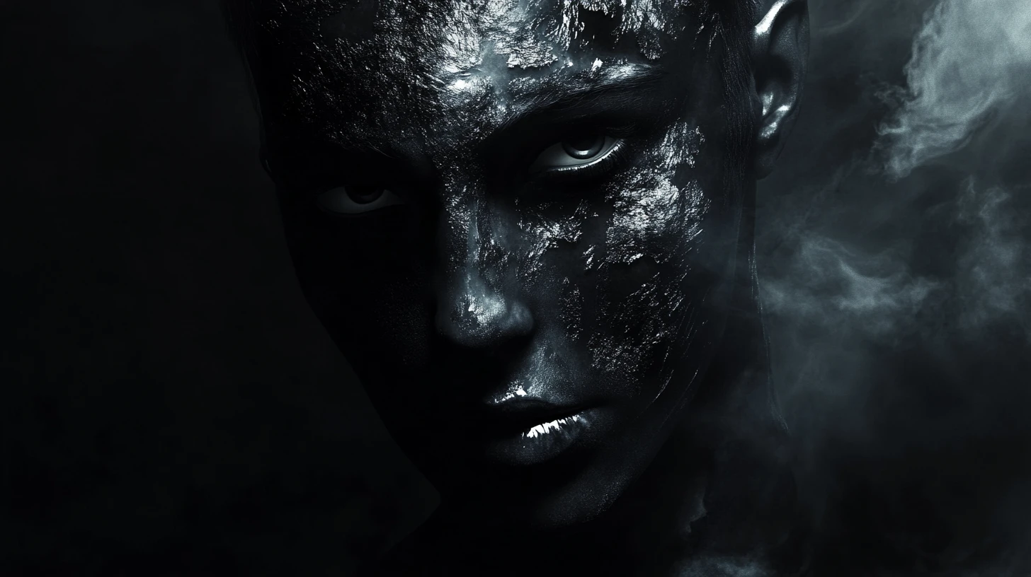Haunting pale face emerging slowly from deep darkness