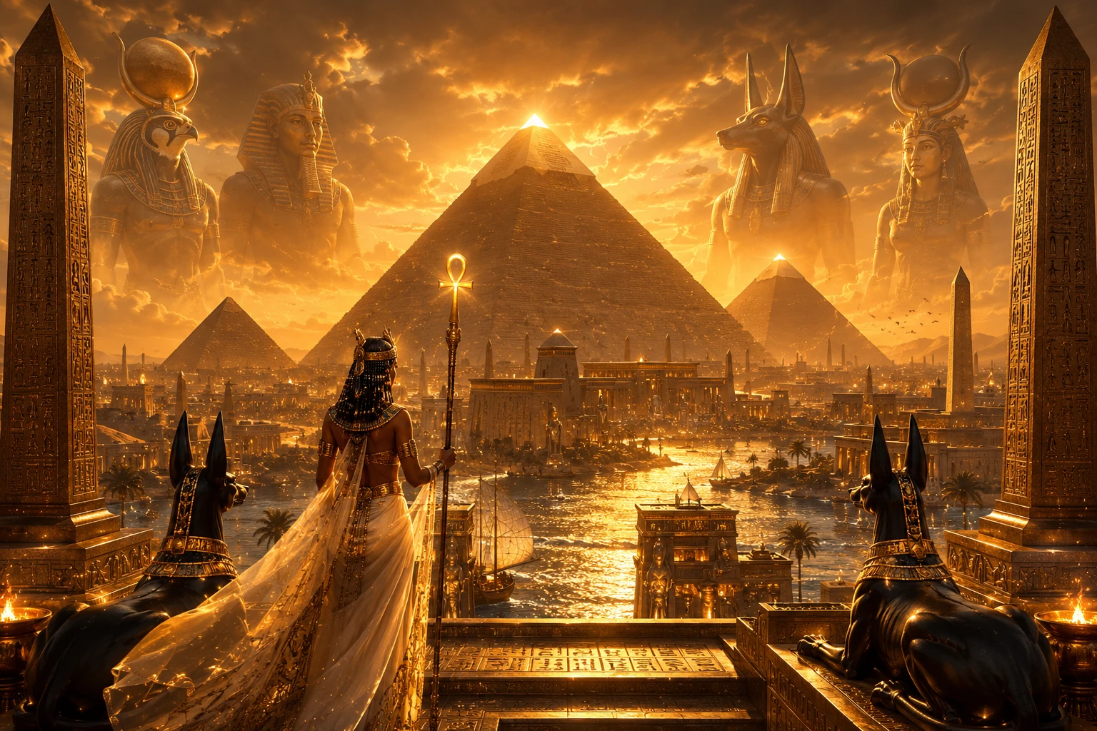 Ancient Egyptian pyramids rising from vast golden desert sands