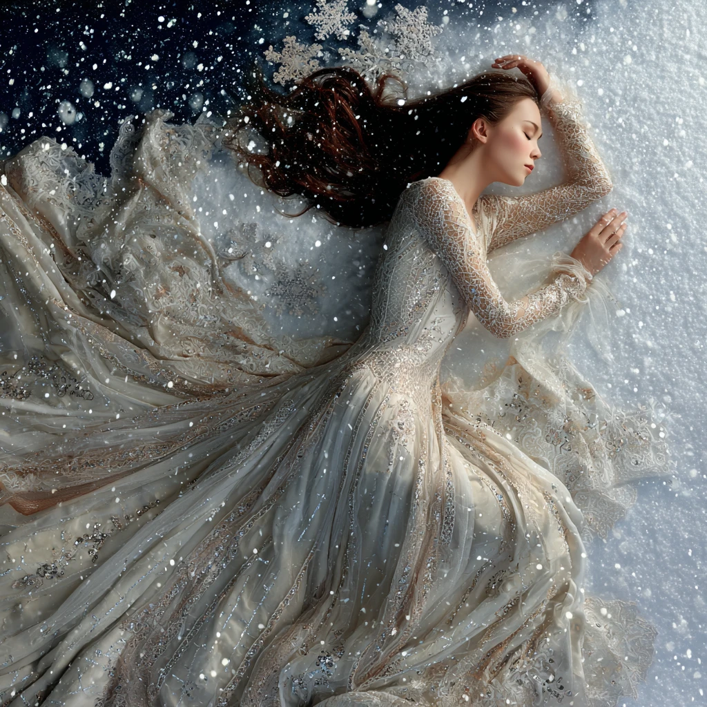 Sleeping fairy resting gently on a delicate snowflake