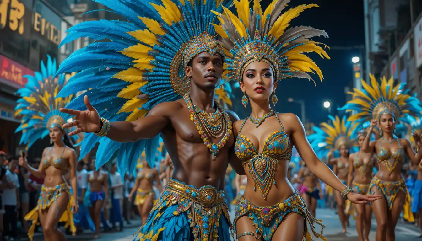 Dançarinas de samba brasileiras com fantasias de carnaval com plumas