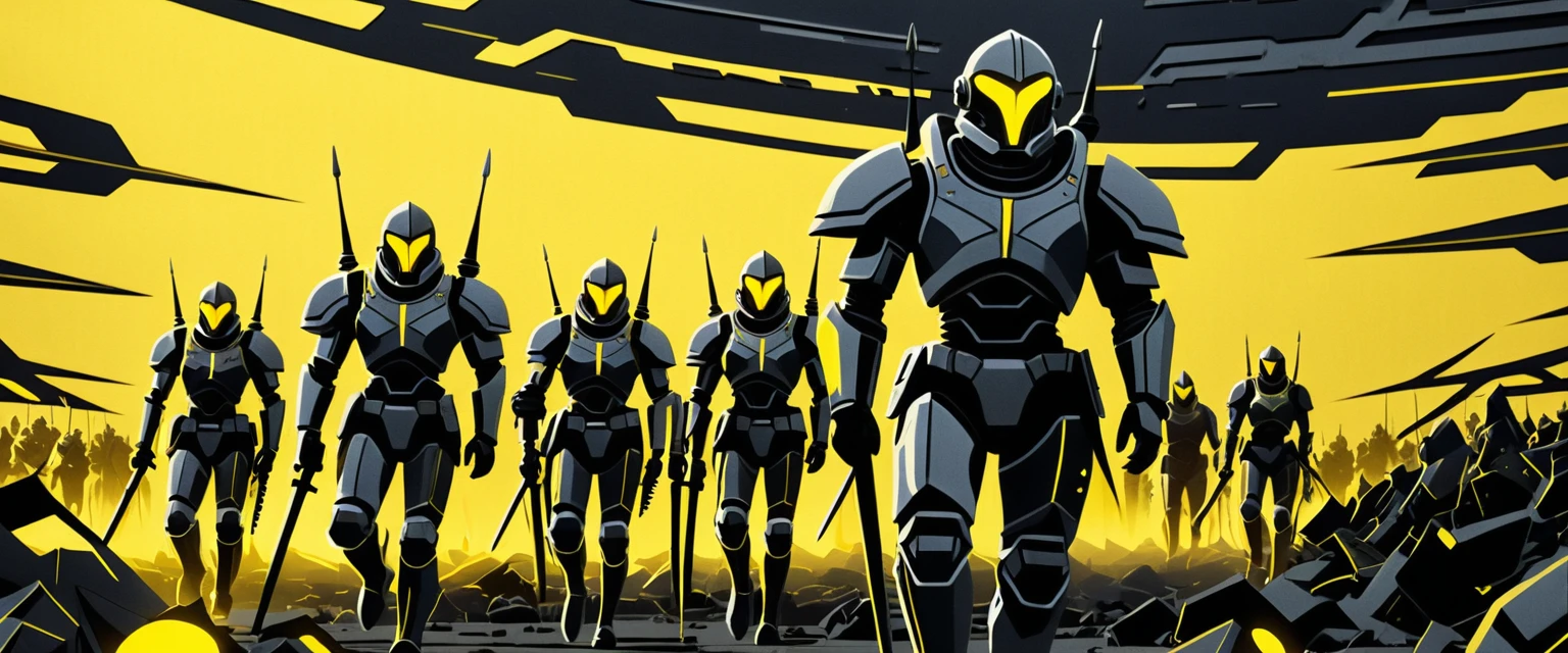 Futuristic mechanized army marching across ruined wasteland