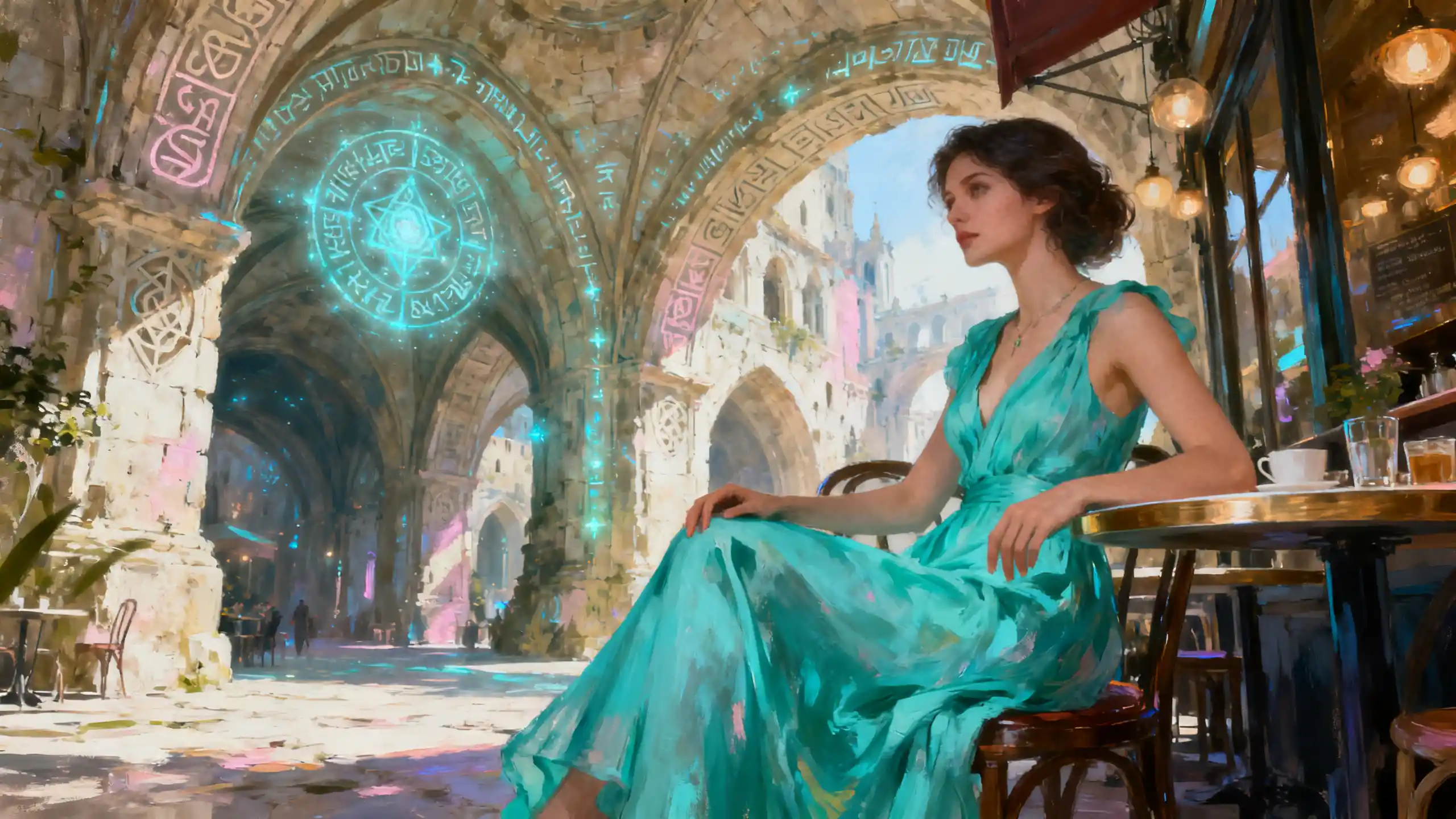 Woman in turquoise dress on surreal cafe terrace