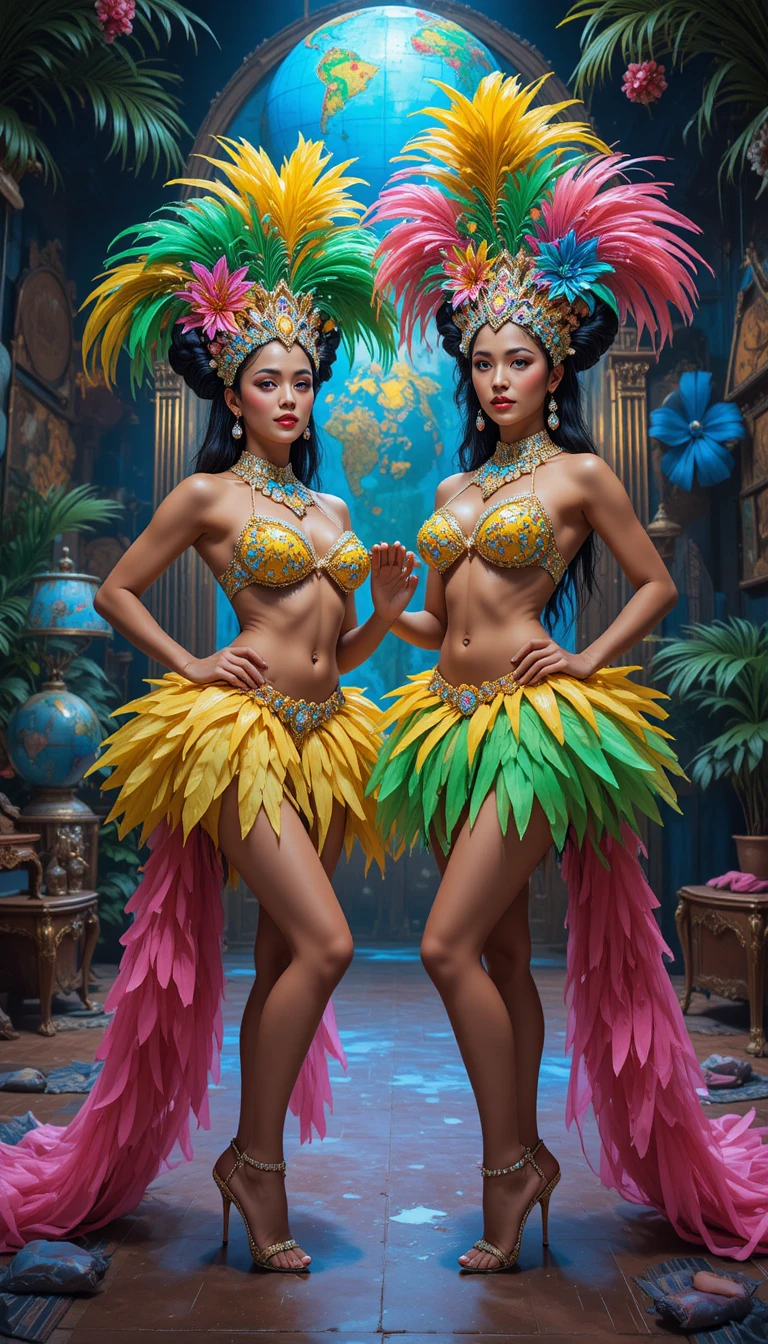 Two carnival dancers in colorful feathered Brazilian costumes