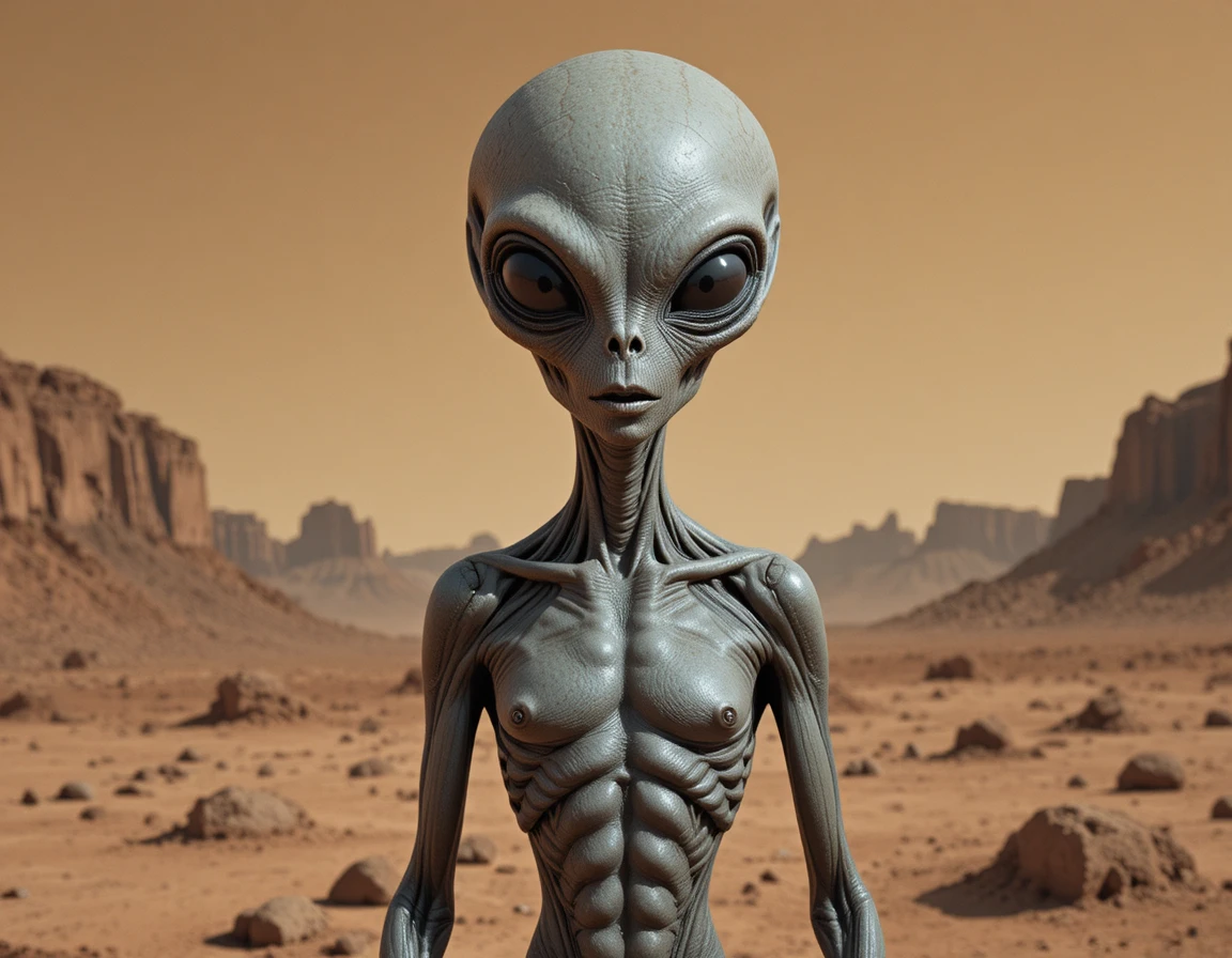 Grey alien close up on a desolate martian landscape