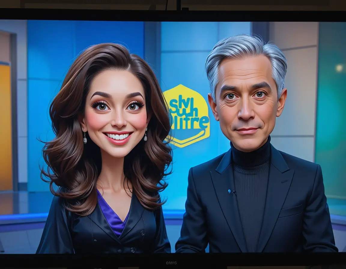 Smiling host and serious guest in colorful TV studio