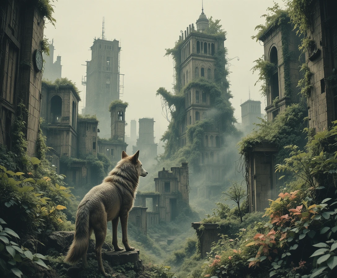 Lonely wolf in overgrown ruins of a silent cityscape