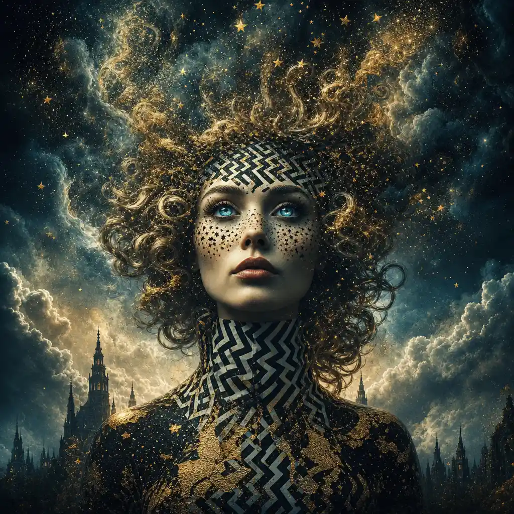 Surreal fashion portrait of a woman with cosmic curls