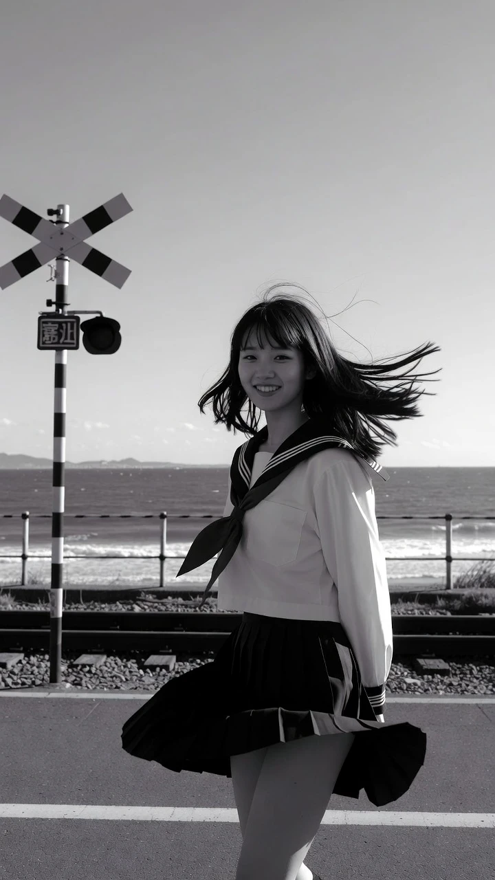 Japanese school girl at seaside railway crossing in wind