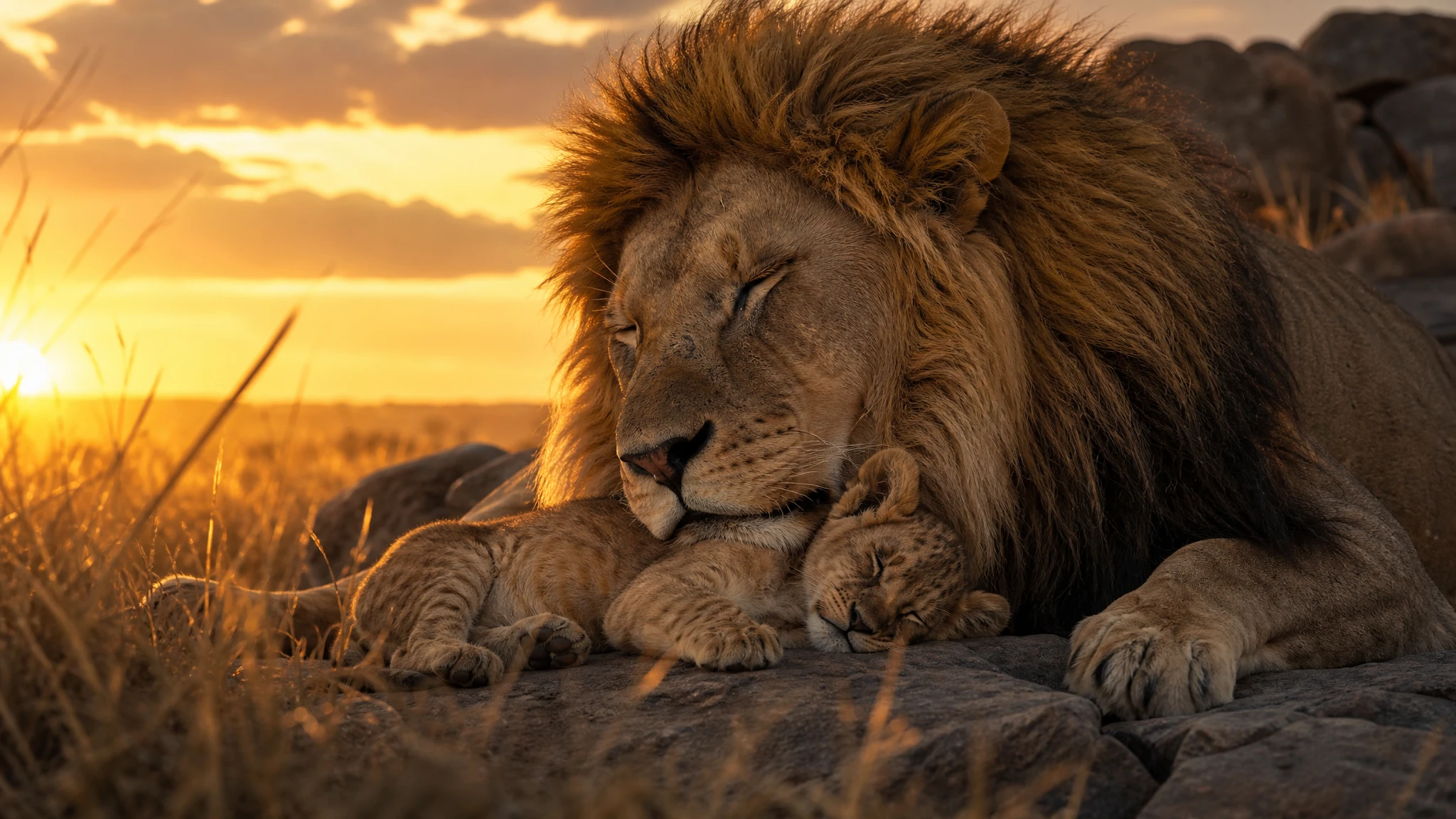 Lion resting with cub on sunlit African savanna rocks