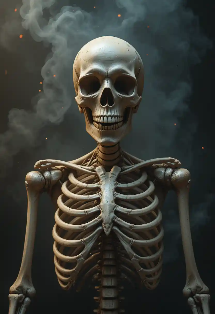 Torso di scheletro umano inquietante con illuminazione frontale drammatica