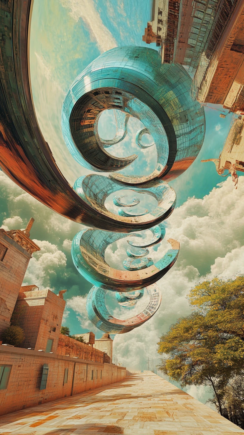 Paisaje urbano surrealista con objetos flotantes y gravedad distorsionada