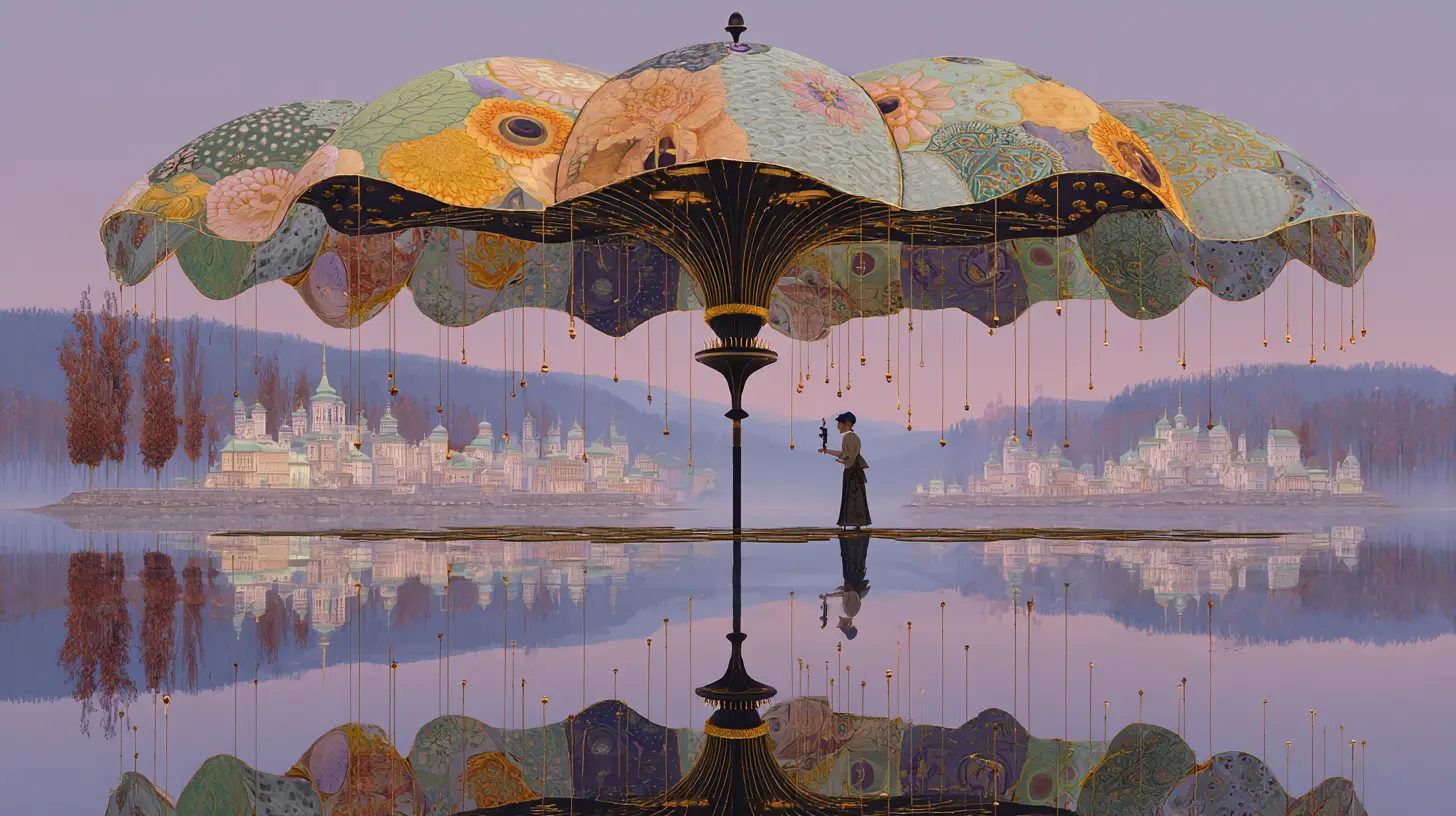 漂浮在鏡面水上的超現實拼布雨傘