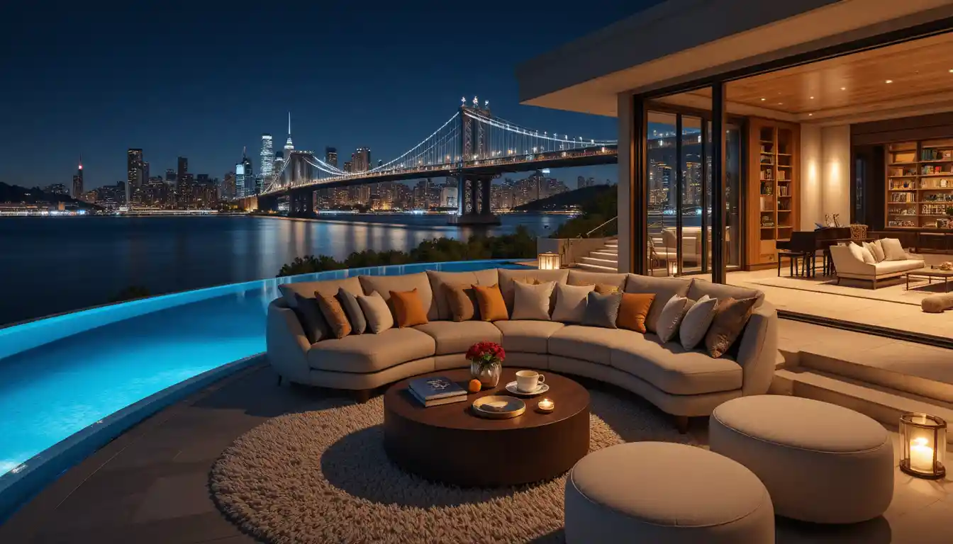 Luxury rooftop terrace with infinity pool and city skyline