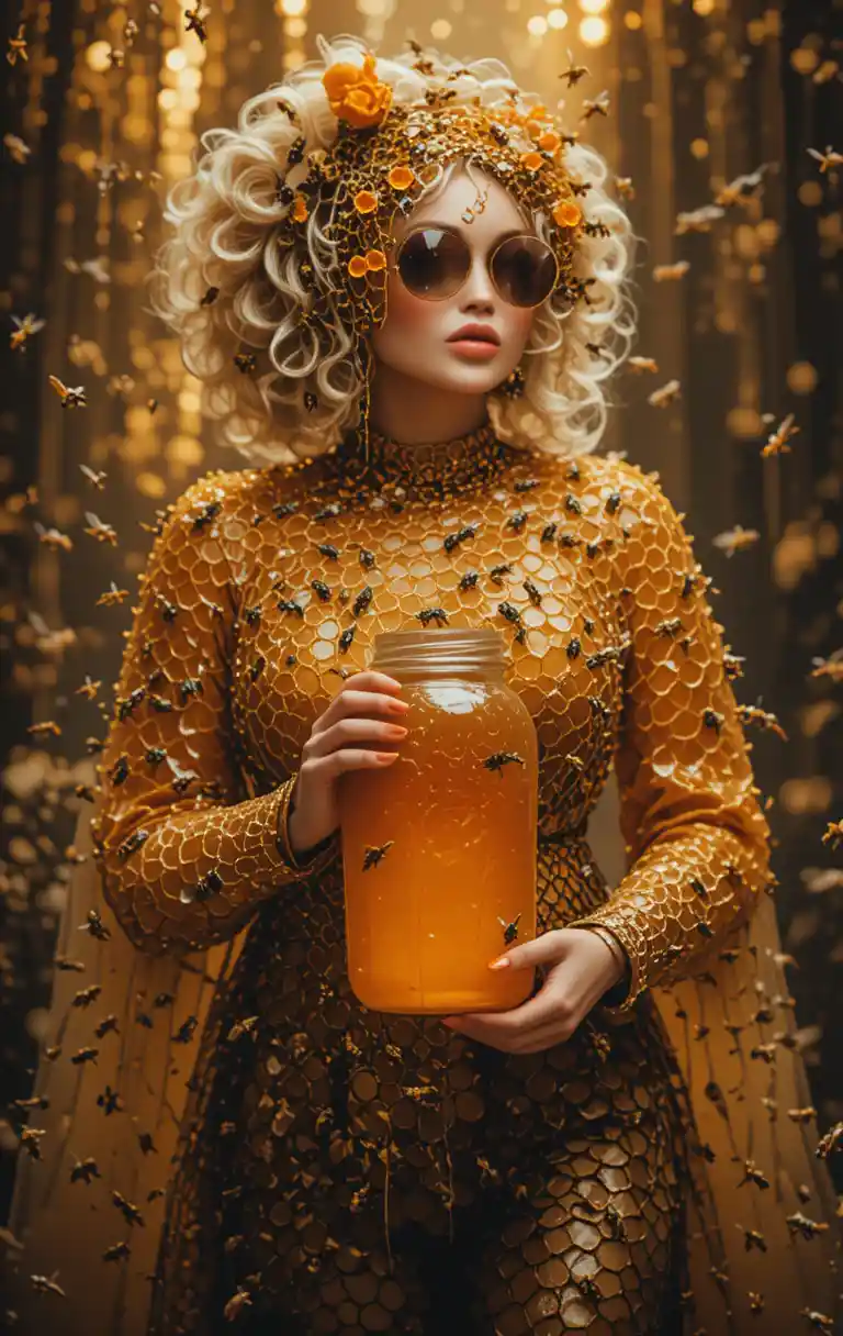 Blonde woman in honeycomb costume with bees and golden honey