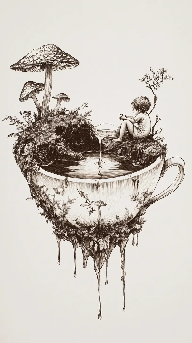 Tiny child on an overturned teacup transformed into a world