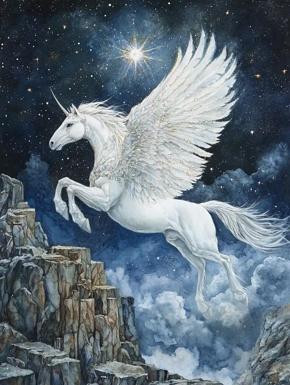 Celestial fantasy creature on ancient floating ruins at night