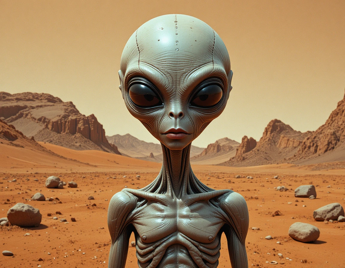 Grey alien staring ahead in a barren martian landscape
