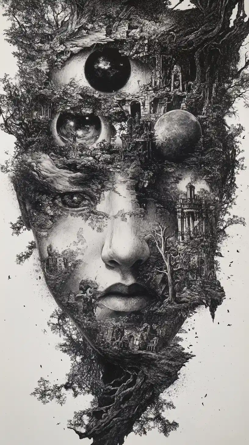 Surreal humanoid face formed from many watching eyes
