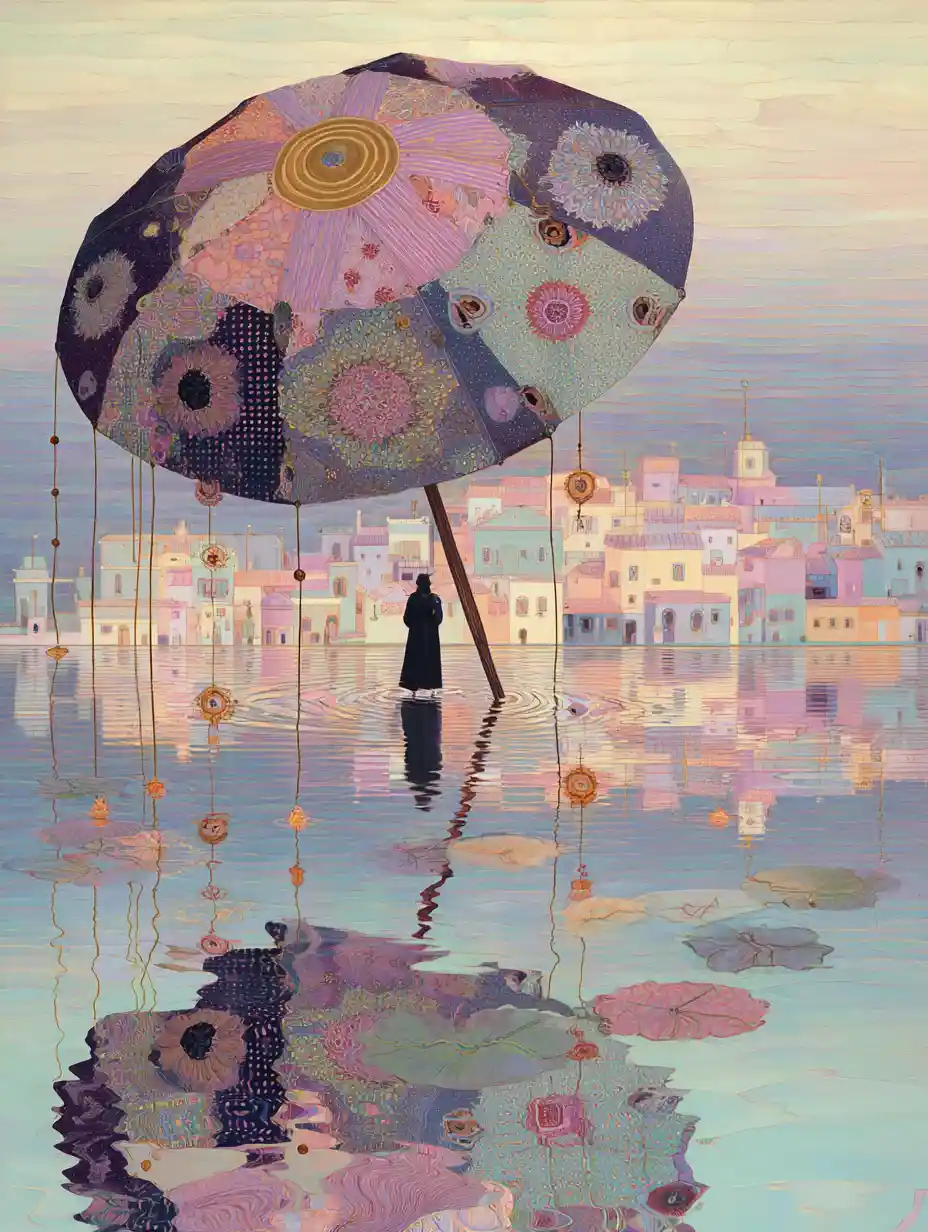 Giant Patchwork Umbrella Floating Above Reflective Water