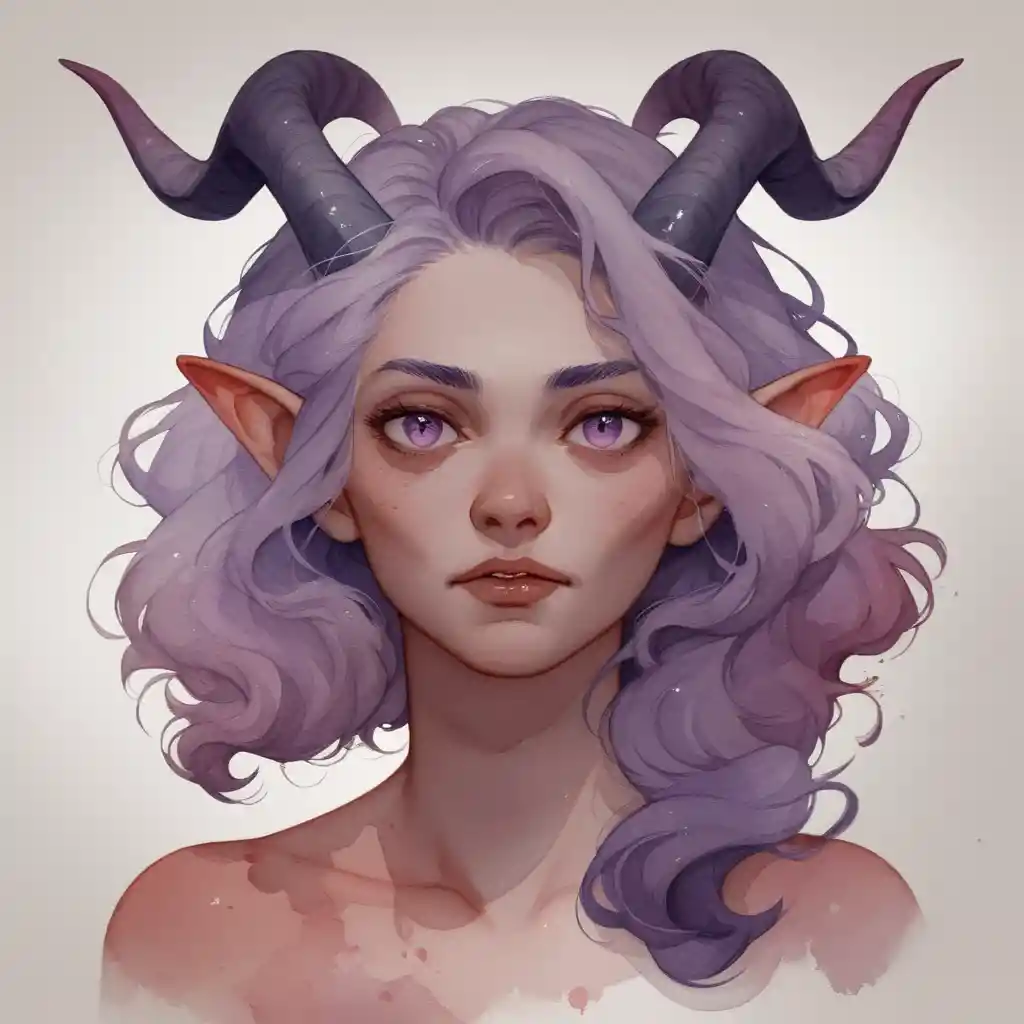 Pale horned woman in lavender gazes into the distance