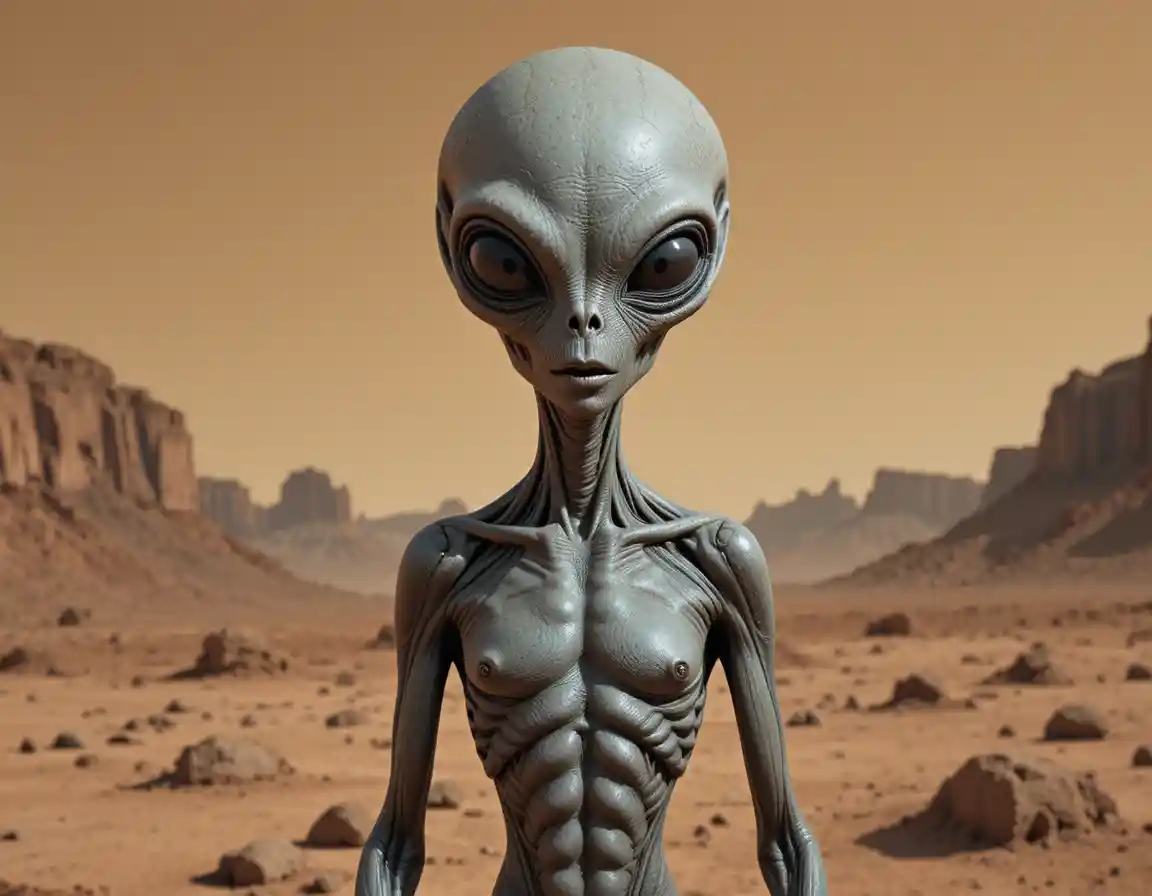 Grey alien close up on a desolate martian landscape