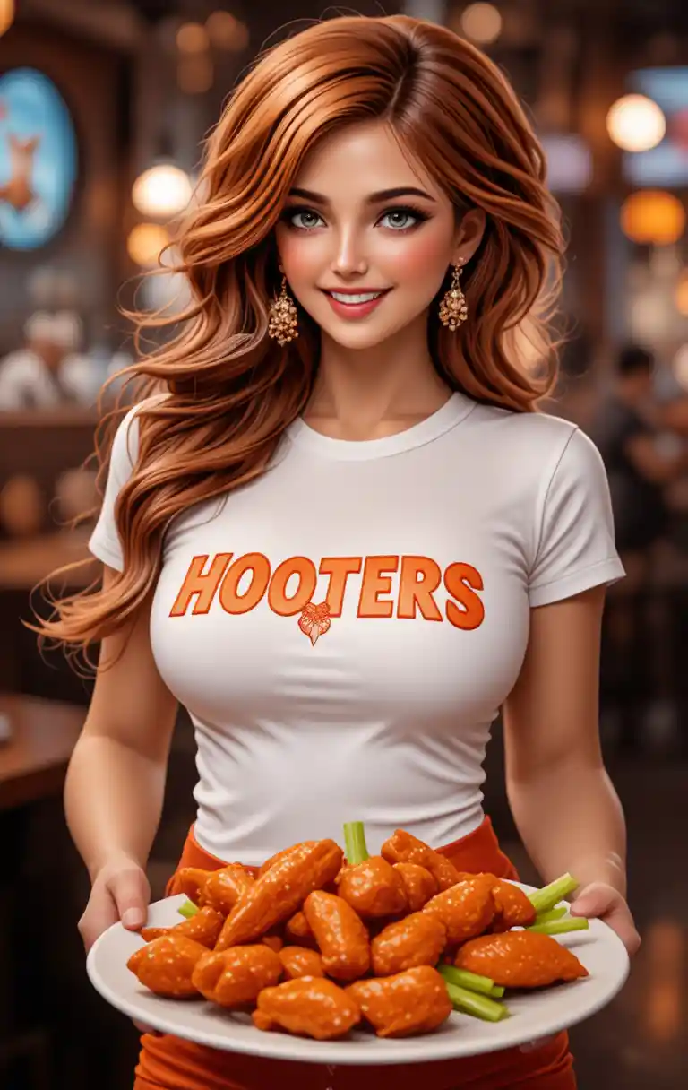 Red haired waitress serving buffalo wings in bar interior