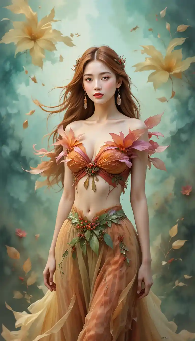 Serene Korean woman in floral watercolor petal outfit