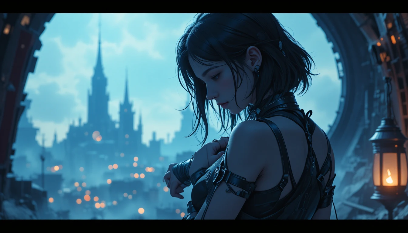 Teenage girl in a distant sci fi city haze