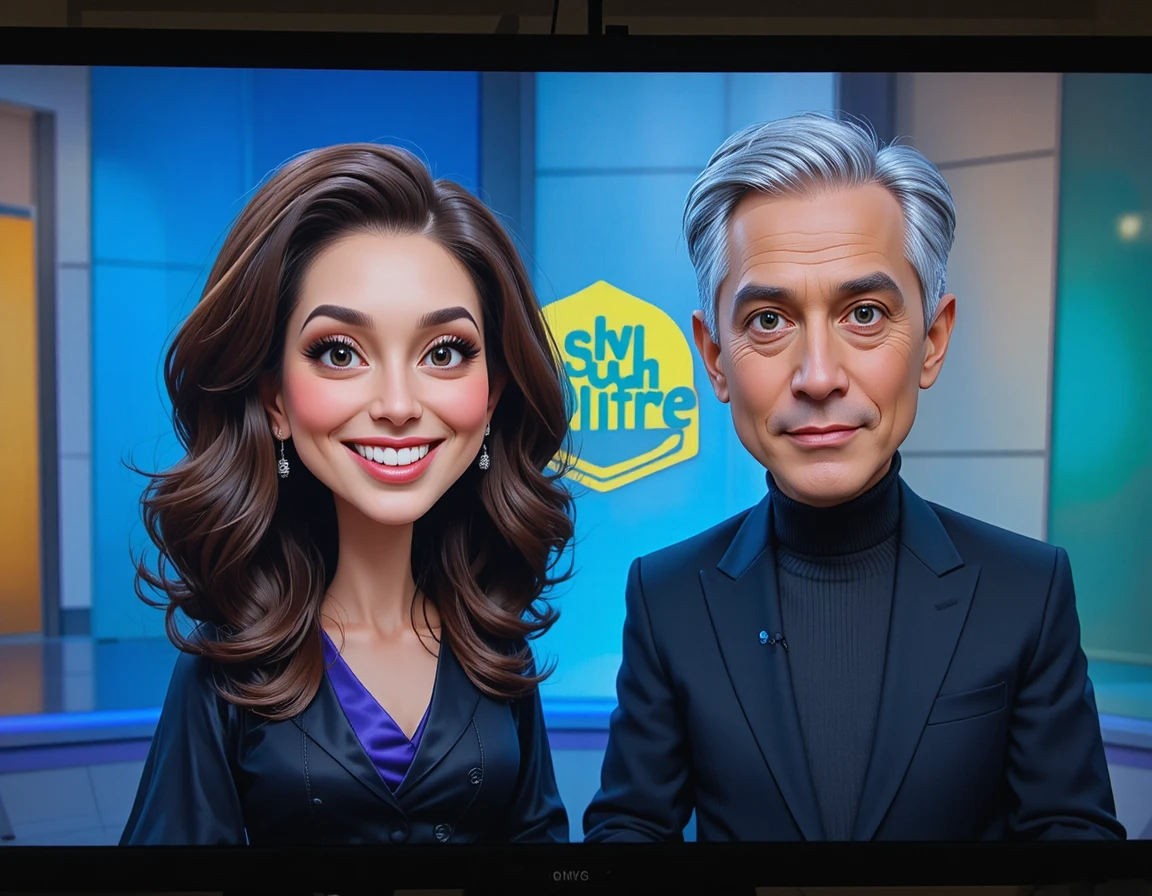 Smiling host and serious guest in colorful TV studio