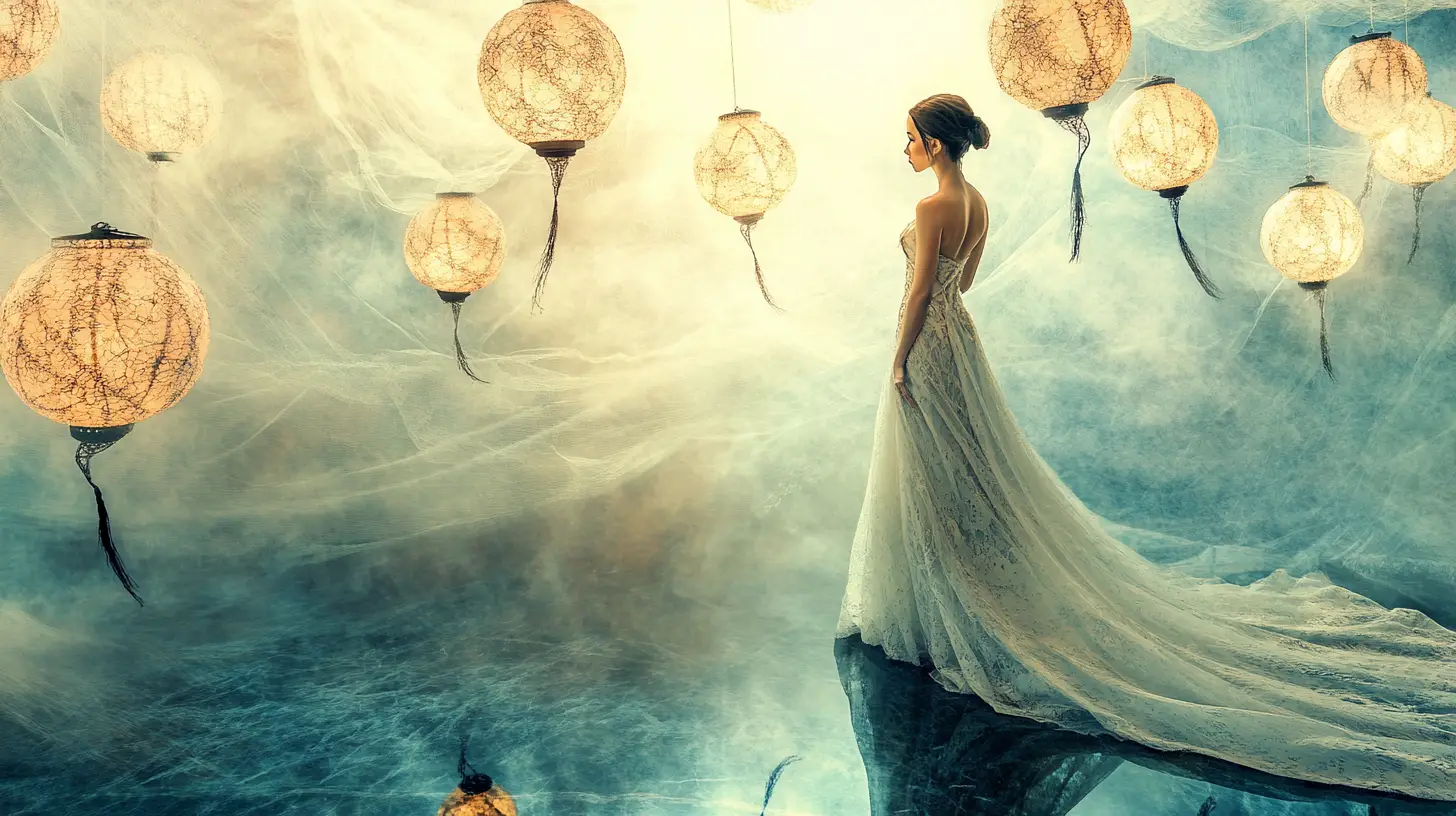 Solitary muse with floating tapestry and soft lantern light