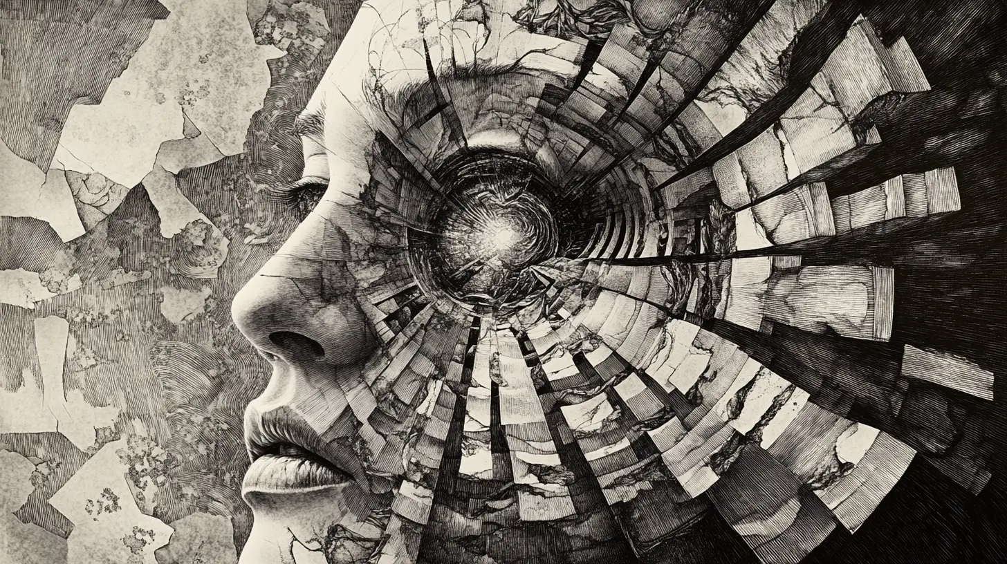Fragmented human face revealing surreal inner dream worlds