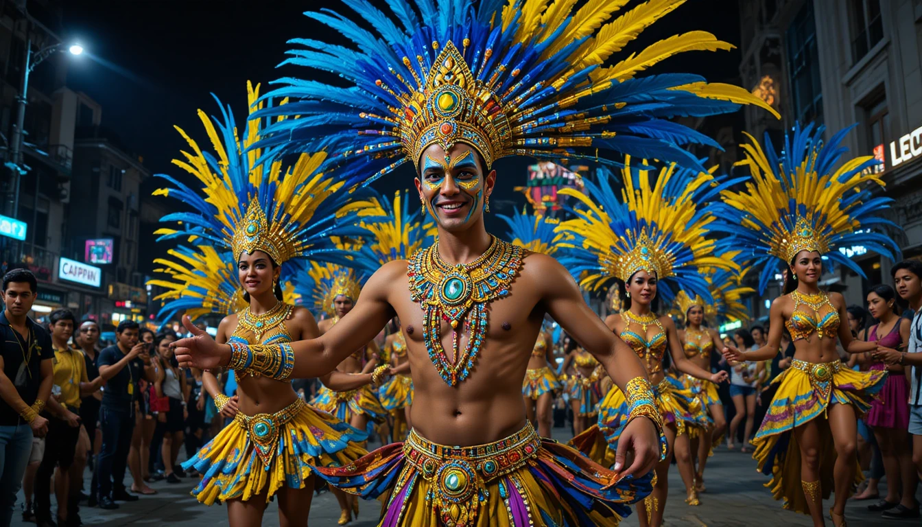 Carnival samba dancers in vibrant feathered costumes at night