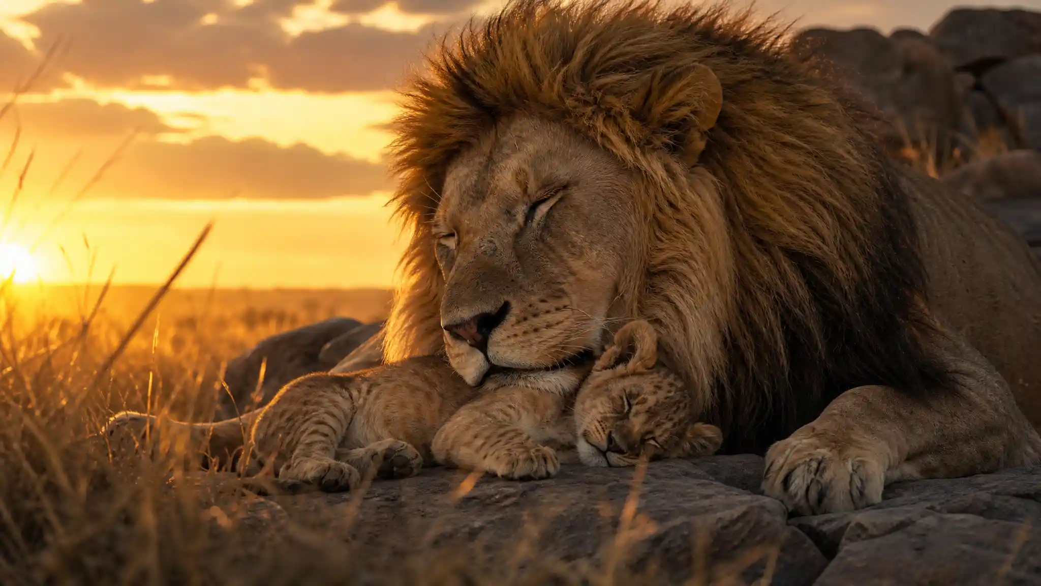 Leone che riposa con il cucciolo su rocce assolate della savana africana