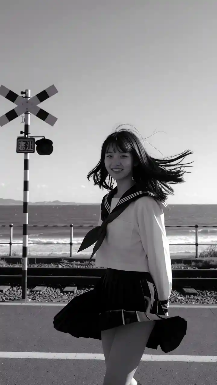 Japanese school girl at seaside railway crossing in wind