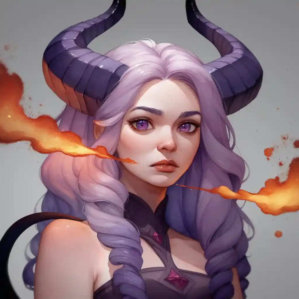 Pale horned woman in lavender hair and wizard robes