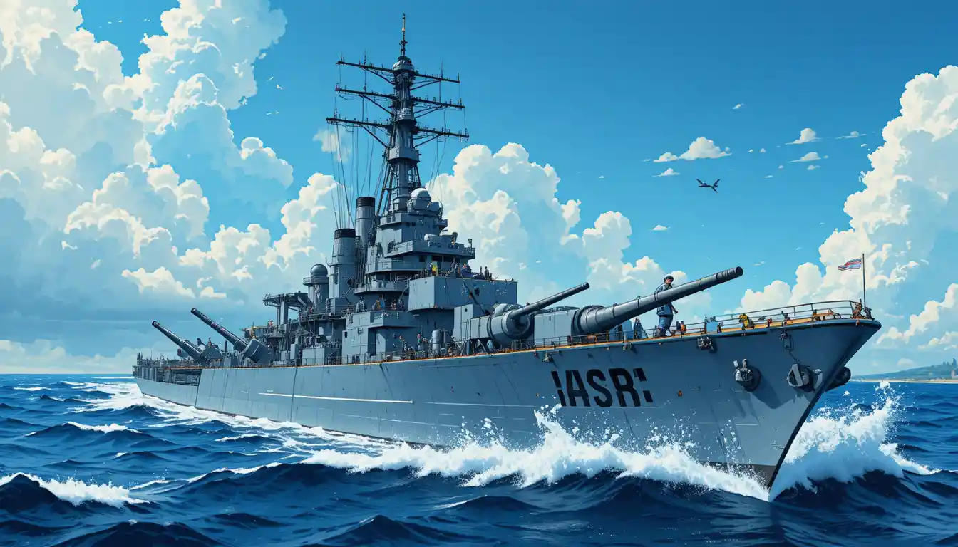 Cartoon warship with sailors on deck at sea