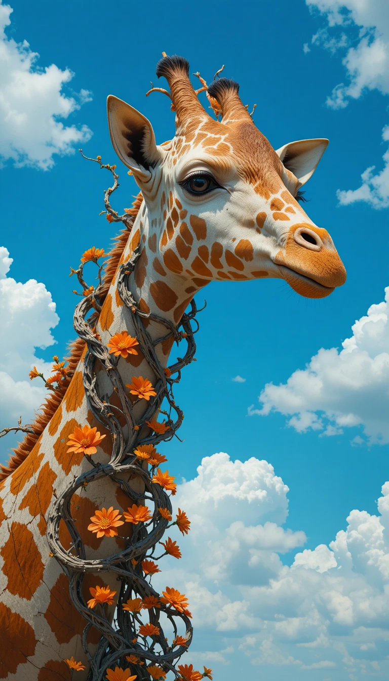 Whimsical giraffe head against blue sky and clouds