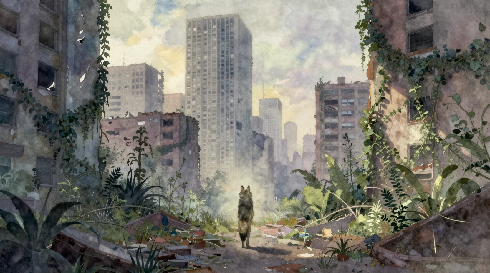 Lone Wolf In Overgrown Ruined City Watercolor Scene
