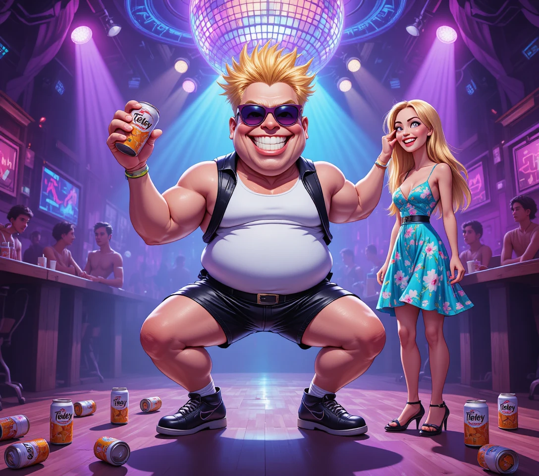 Cartoon party man with iced tea cans in nightclub