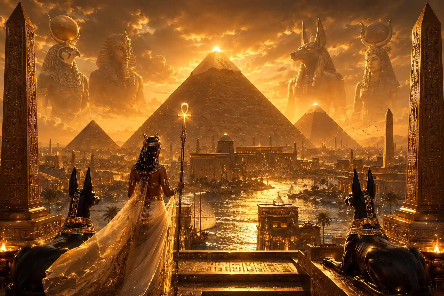 Ancient Egyptian pyramids rising from vast golden desert sands