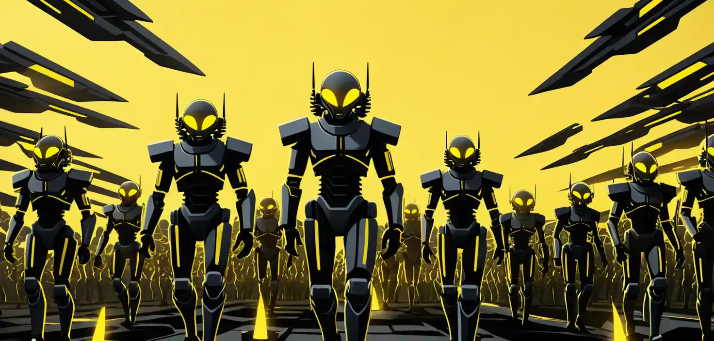 Vast sci fi army of android soldiers under yellow sky