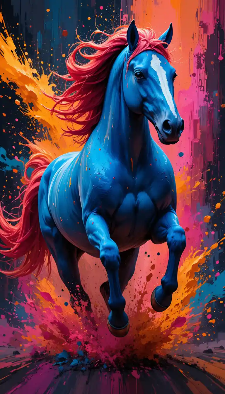Abstract digital painting of a racing blue horse