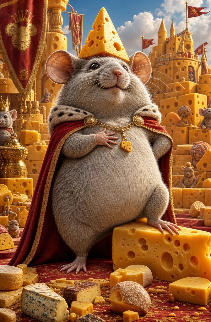 Rey ratón regordete posando orgulloso en un reino de queso