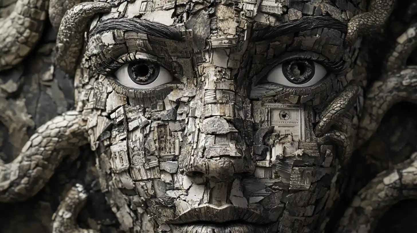 Fragmented surreal face assembled from symbolic imagery