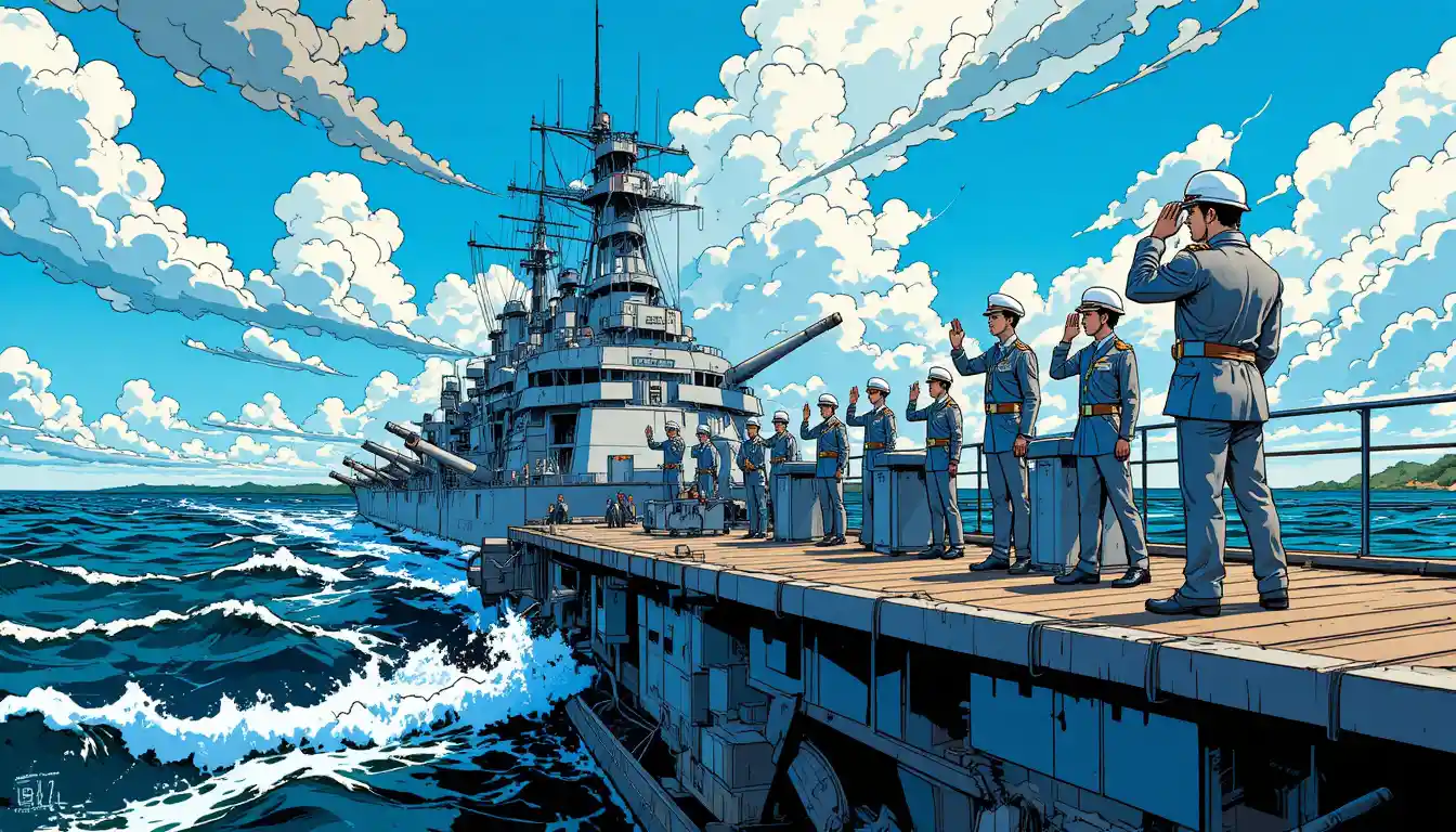 Cartoon warship with navy sailors on deck at sea