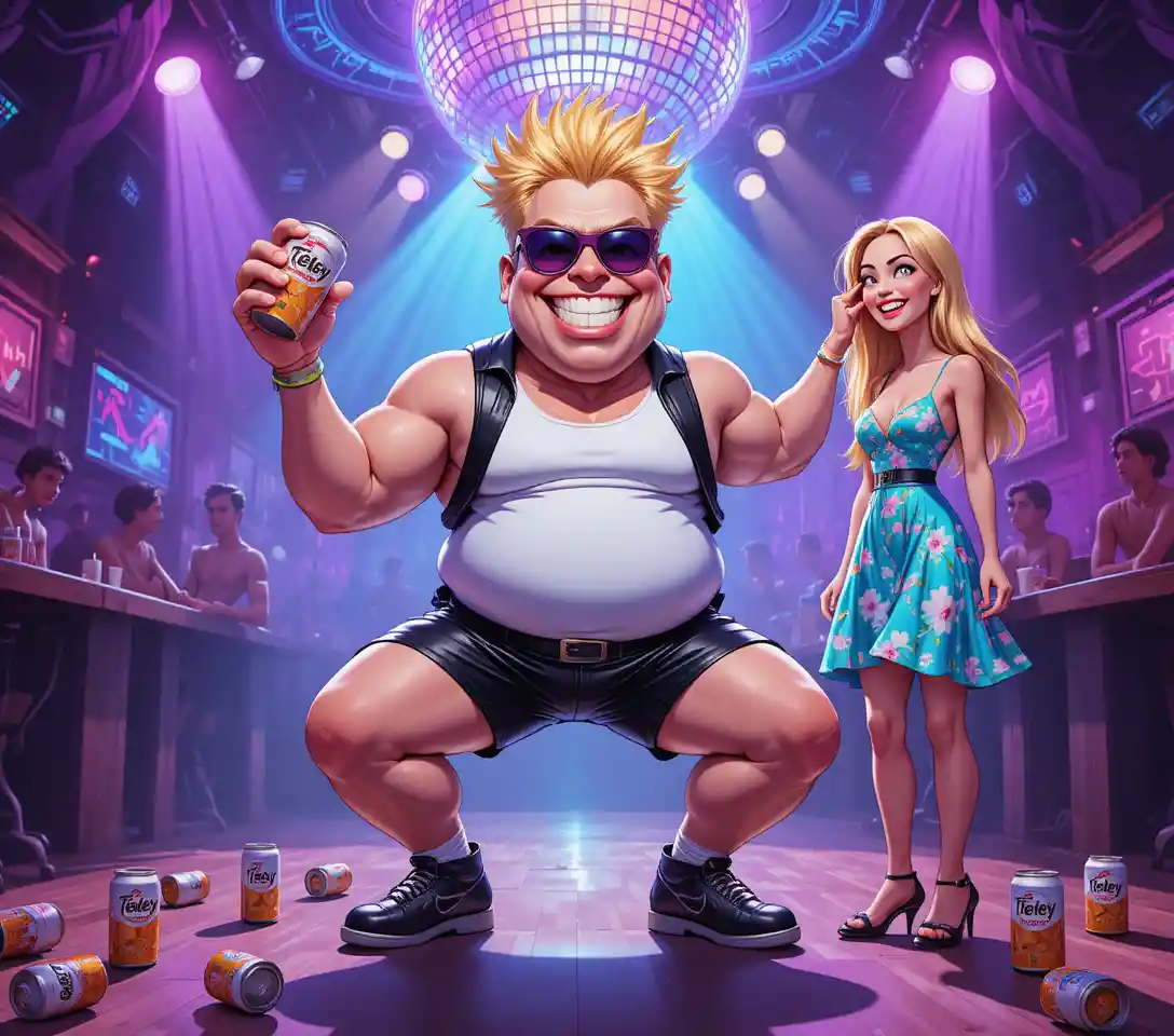 Cartoon party man with iced tea cans in nightclub